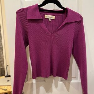 Ribbed Magenta V Neck Sweater Top with Collar